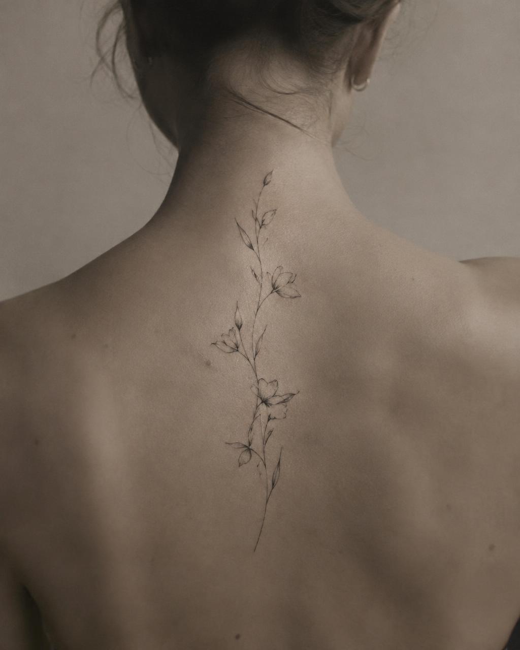 Fine-line botanical along the spine